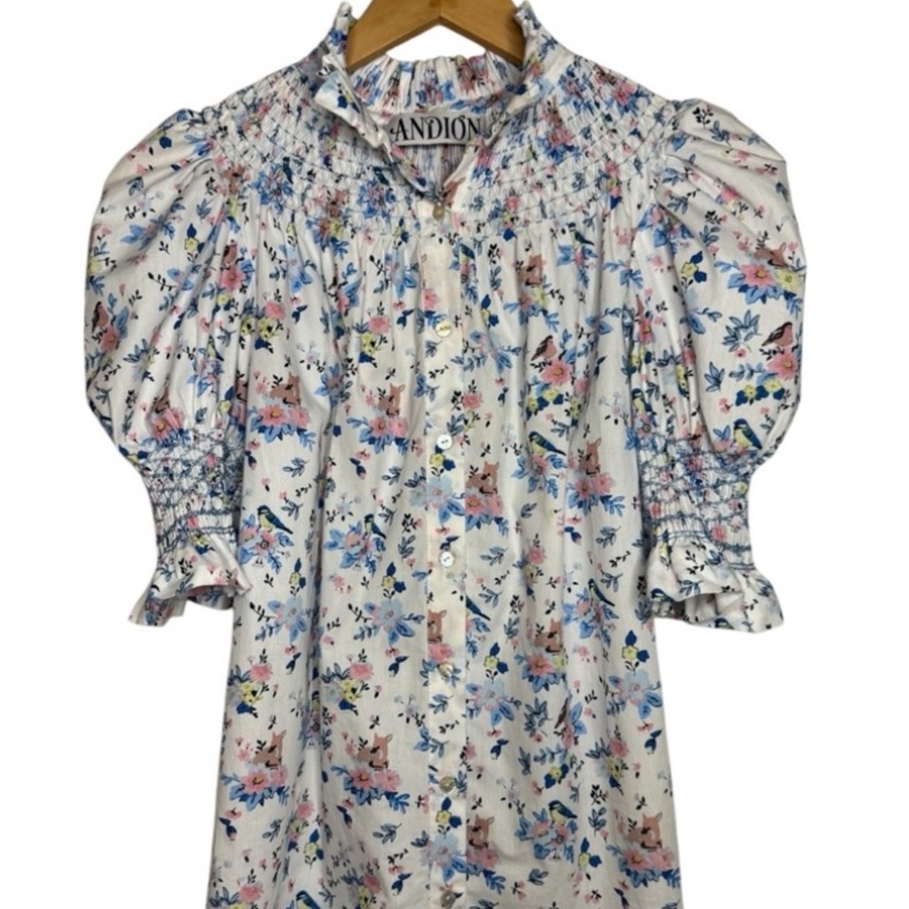 ANDION Spain Amelia Hand Smocked Short Sleeve Blouse Small Shirt Birds Floral